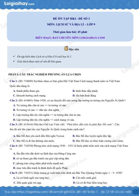 Đề thi học kì 1 Lịch sử và Địa lí 9 KNTT - Đề số 3